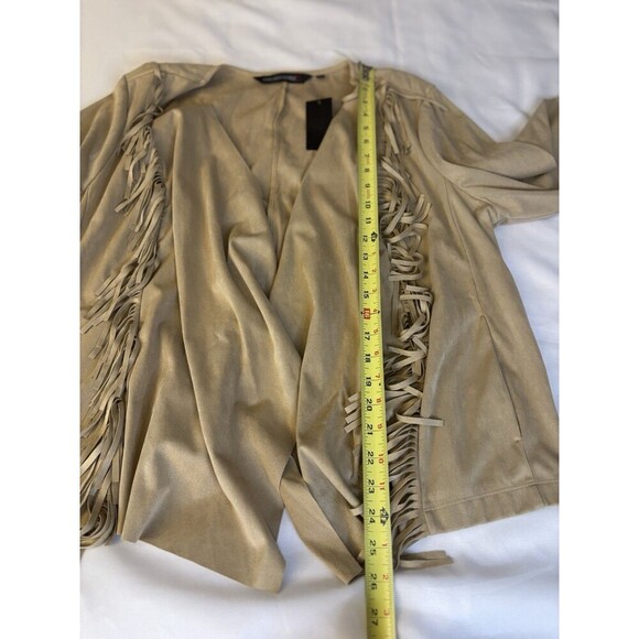 COLLEEN LOPEZ Faux Suede Fringe Open Jacket 1X Drape 3/4 Sleeve Tan Western - Picture 10 of 10